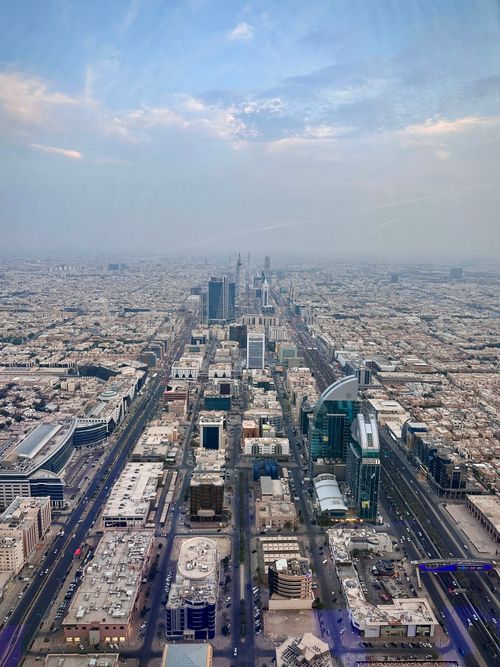 Free Stunning aerial view of Riyadh's skyline showcasing modern architecture and urban sprawl. Stock Photo