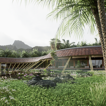 A unique blend of modern architecture and tropical landscape with lush greenery and mountains.