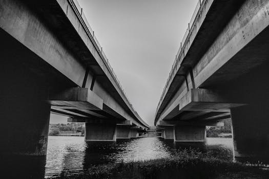 A black and white view of two highway bridges stretching over a serene body of water.