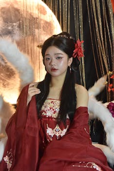 A captivating portrait of a woman in traditional attire with a celestial moon backdrop.