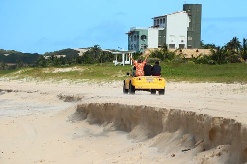 Free A yellow dune buggy on a beach with palm trees in scenic Rio Grande do Norte, Brazil. Stock Photo
