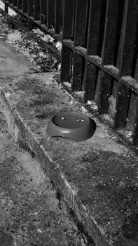 A black and white photo of a sidewalk with a pet bowl against a fence in Istanbul.