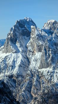 Stunning winter landscape of snow-covered peaks in the Dolomites, Italy.