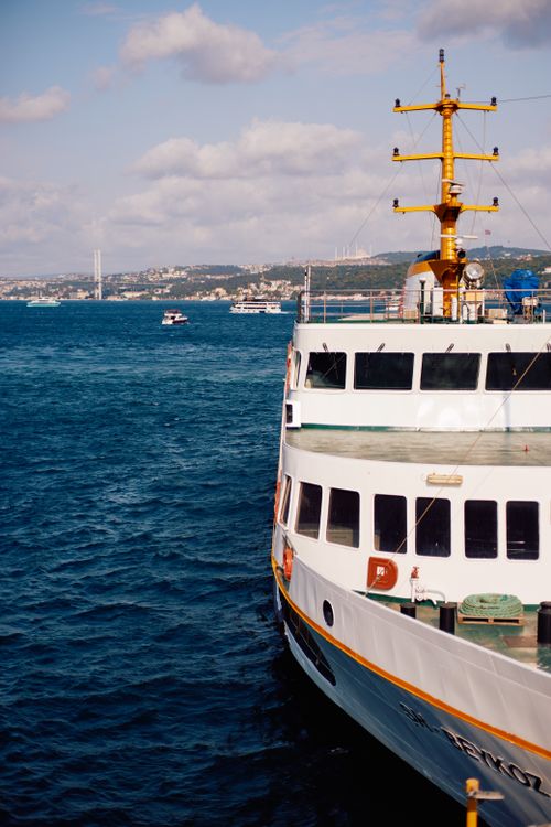 Free Ferry cruising through the Bosphorus in Istanbul on a sunny day. Stock Photo