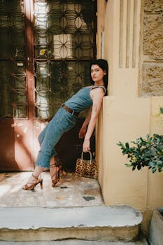 Woman in denim outfit and heels artistically posed against a vintage door.