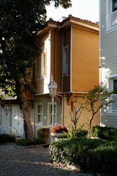 A picturesque residential street with historic architecture and lush greenery.