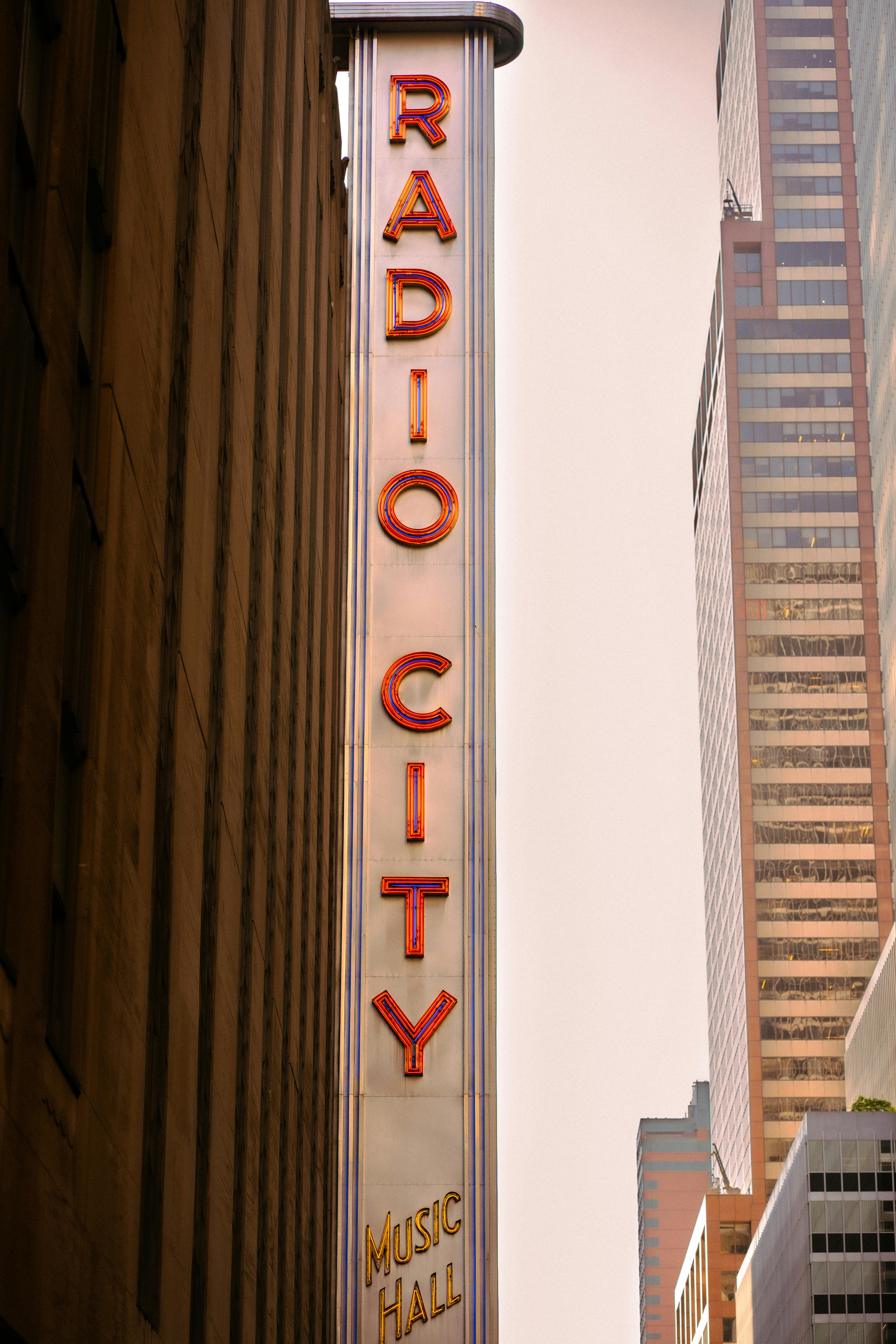 The iconic Radio City Music Hall sign in New York City is an architectural landmark.
