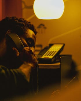 A dramatic portrait of a man using a vintage telephone in warm lighting.
