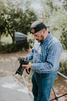 A photographer checks his DSLR in a lush outdoor environment.