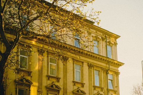 Free Detailed view of a historic building facade with autumn trees under warm sunlight, creating a nostalgic atmosphere. Stock Photo