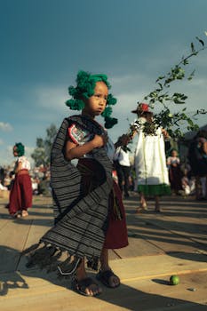 Young child in traditional attire participates in a vibrant cultural festival outdoors.