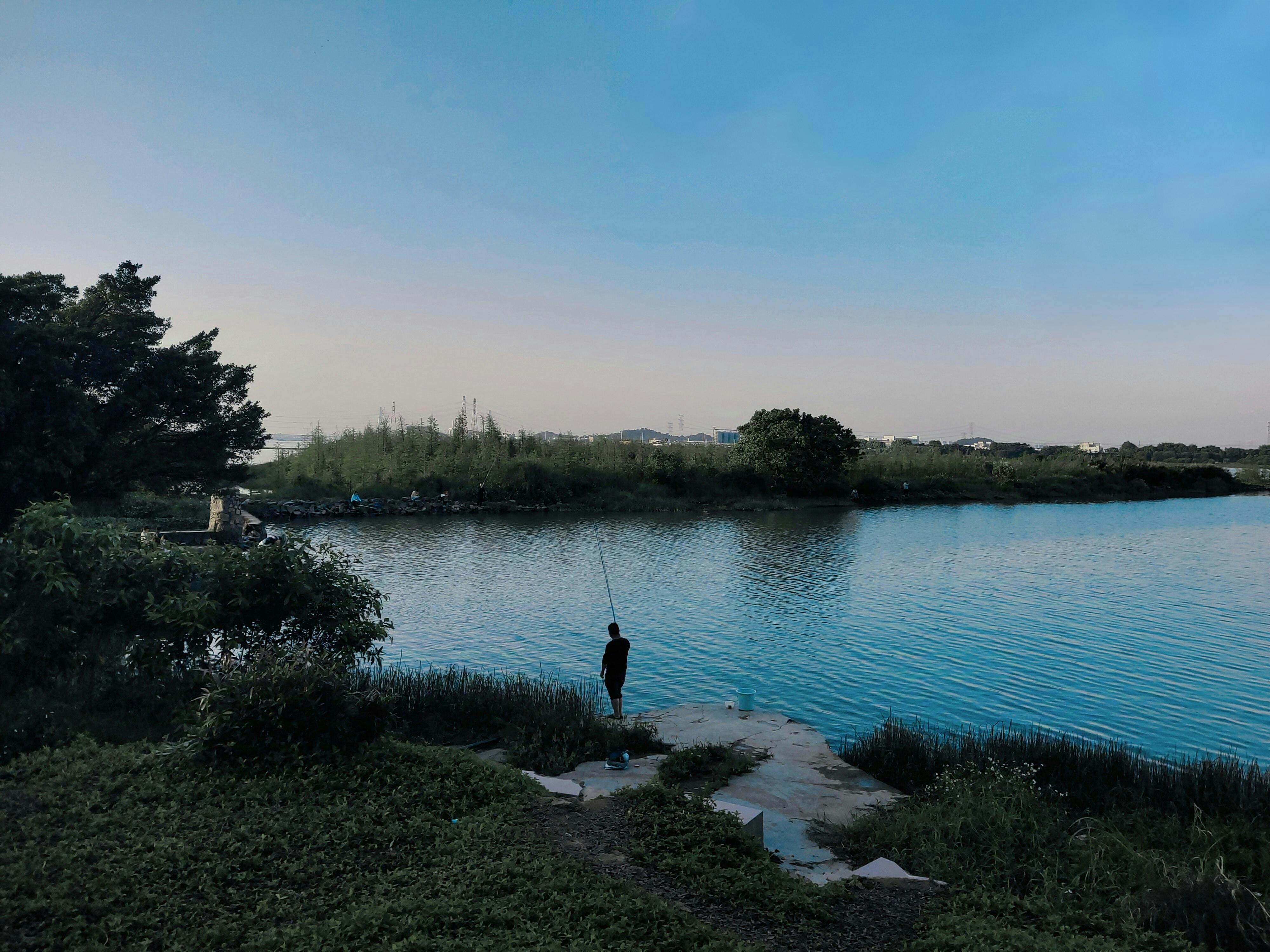 A person fishing by a calm lakeside at dusk, surrounded by lush greenery and a tranquil atmosphere.