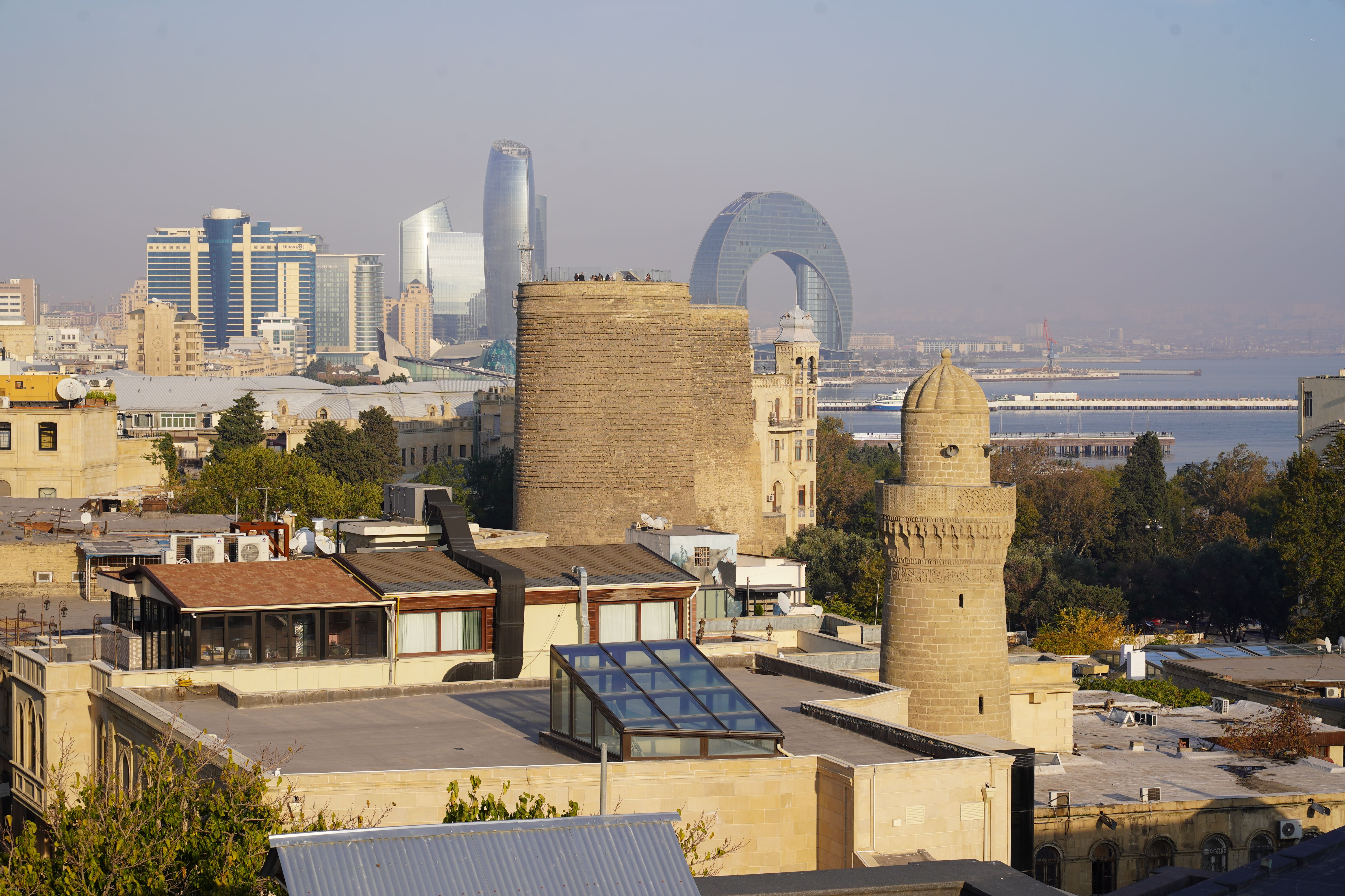 Panoramic view of Baku's Old City and modern skyline in Azerbaijan