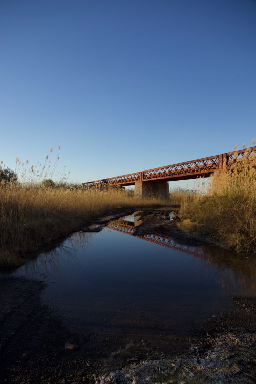 Free A tranquil scene featuring a rustic iron bridge reflecting in a calm body of water at sunset. Stock Photo
