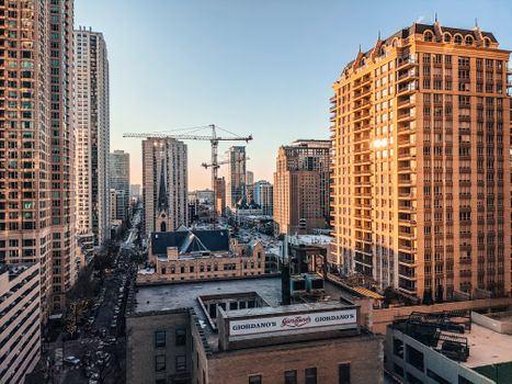 A stunning aerial view of Chicago's downtown skyline with high-rise buildings and iconic architecture.