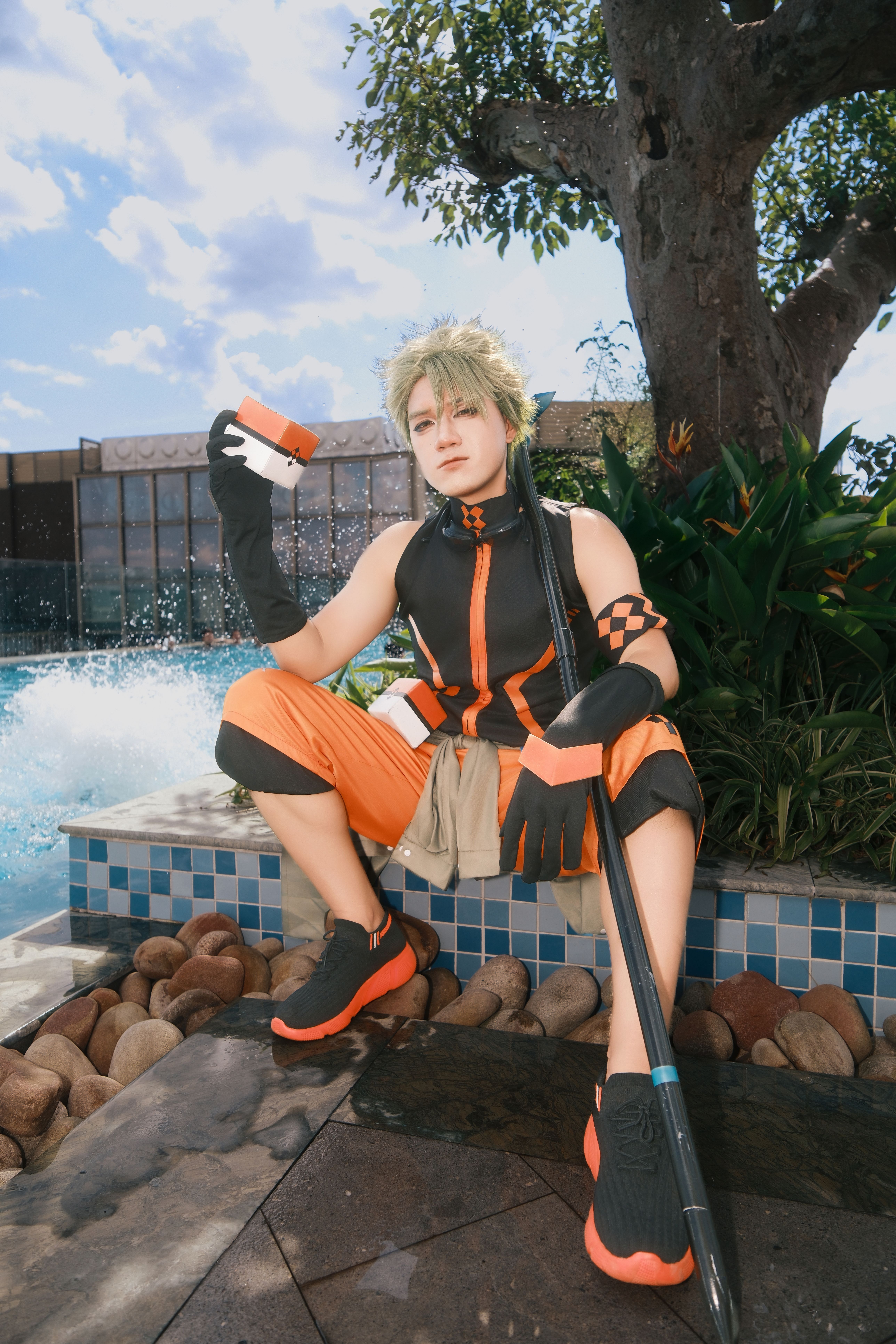 Colorful cosplay by the pool capturing vibrant summer vibes and dynamic expression