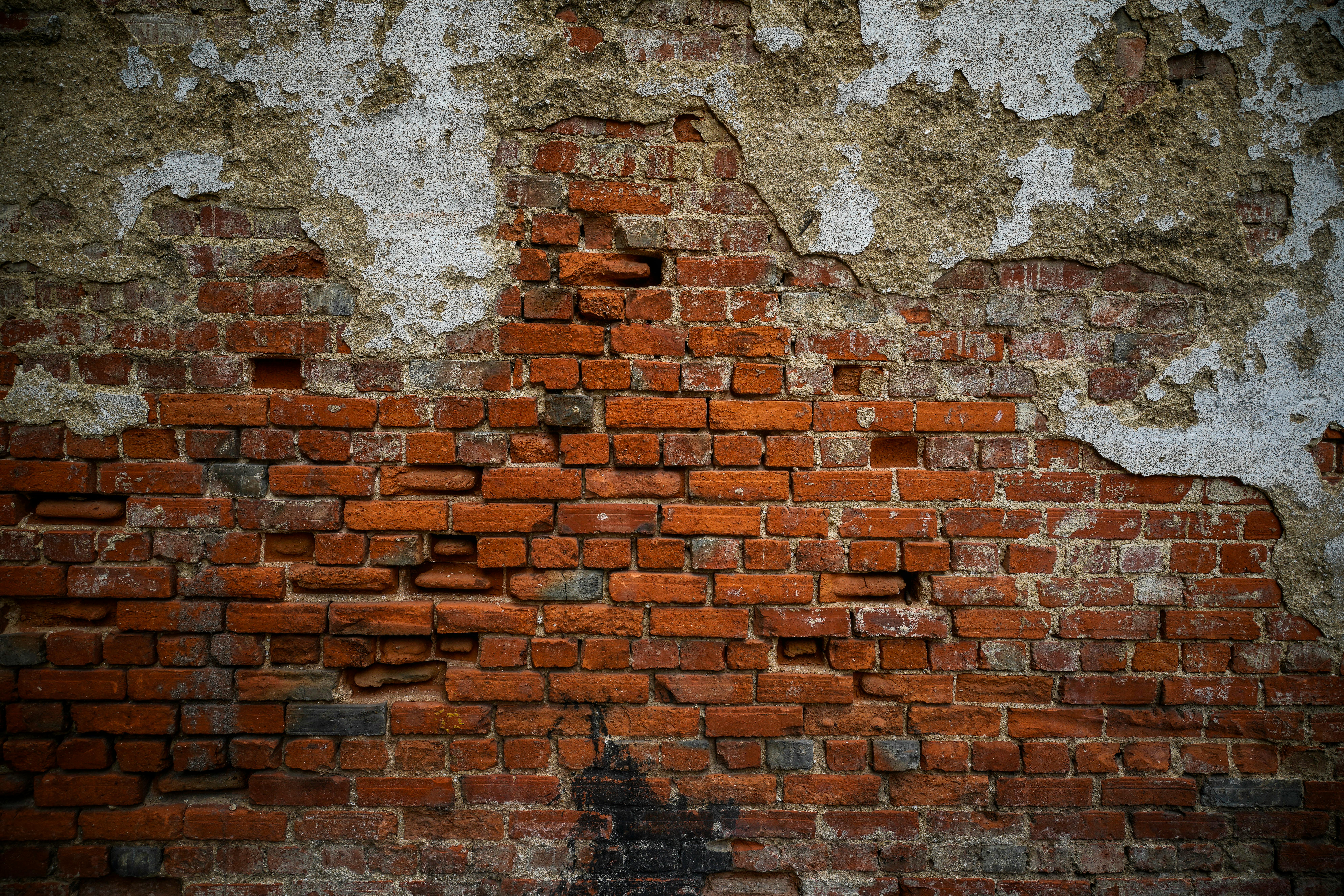 gratis Close-up van verweerde bakstenen muur met afbladderend pleisterwerk, waarop de textuur en leeftijd te zien zijn. Stockfoto
