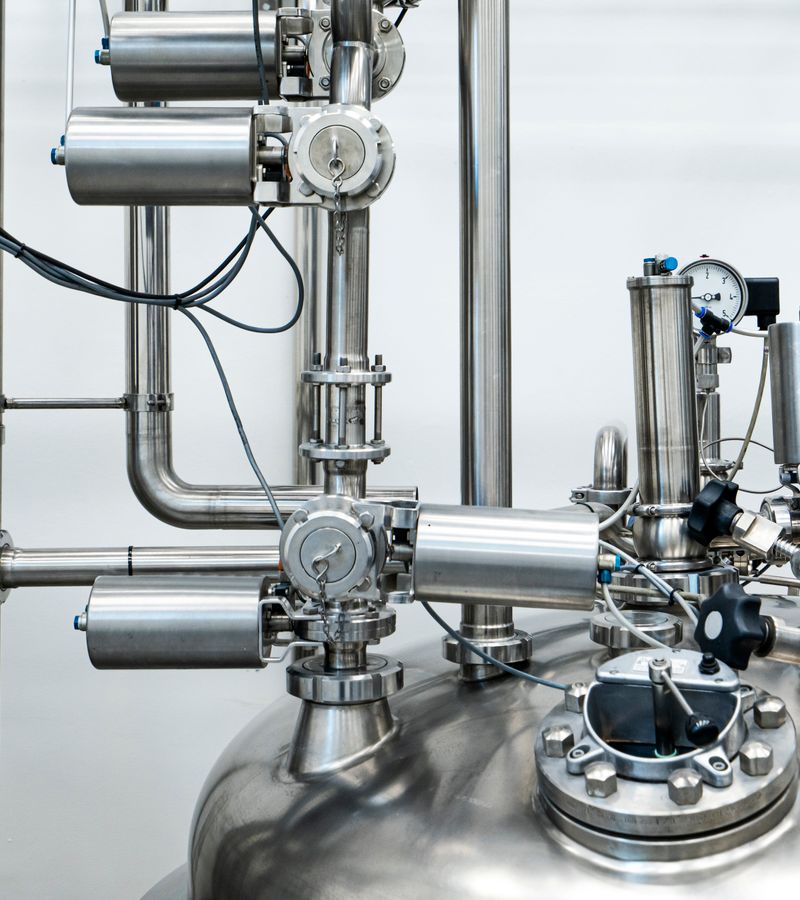 Close-up of stainless steel process pipework, clamped fittings and a vessel head fitted with instrumentation.