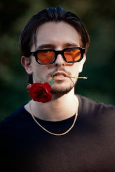 Man wearing sunglasses holding red rose in mouth; bold and mysterious vibe.