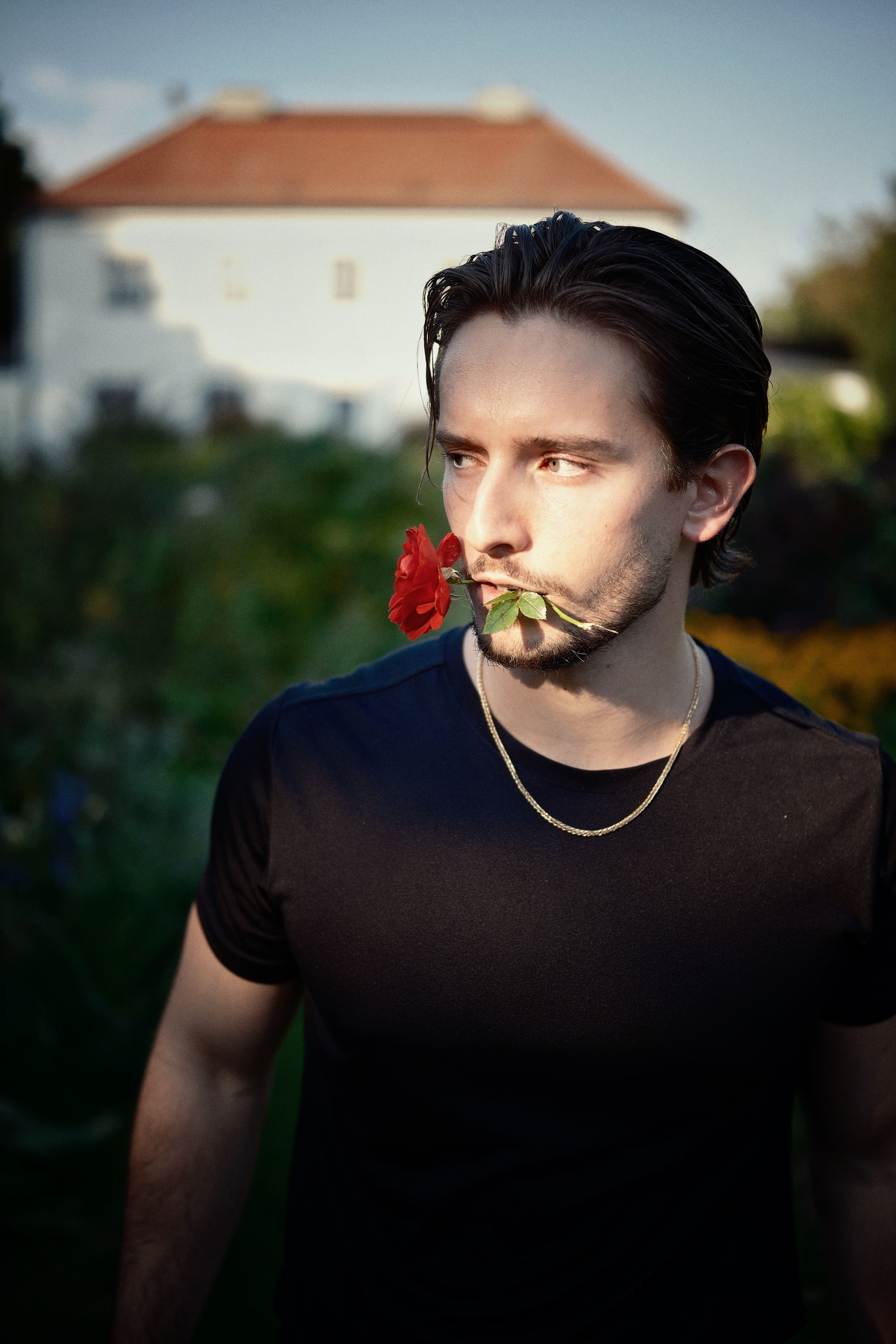Portrait of a man in a garden, holding a red rose in his mouth, with a house in the background.