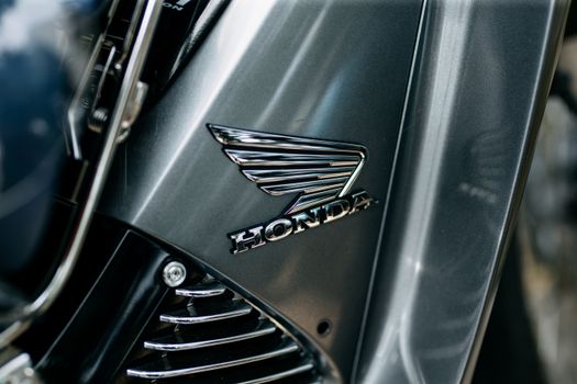 Detailed view of a motorcycle emblem on a metallic surface, showcasing design. 33516381