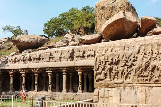 Stunning ancient rock carvings at a UNESCO World Heritage Site in Mahabalipuram, India.