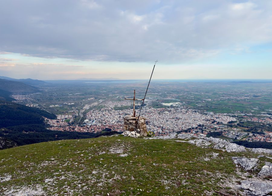 A breathtaking aerial view of Xanthi, Greece from the mountains, showcasing the expansive landscapes and urban sprawl.