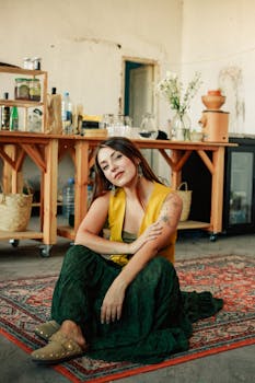 Bohemian-style woman posing in a warm-lit indoor studio in Baku, Azerbaijan.