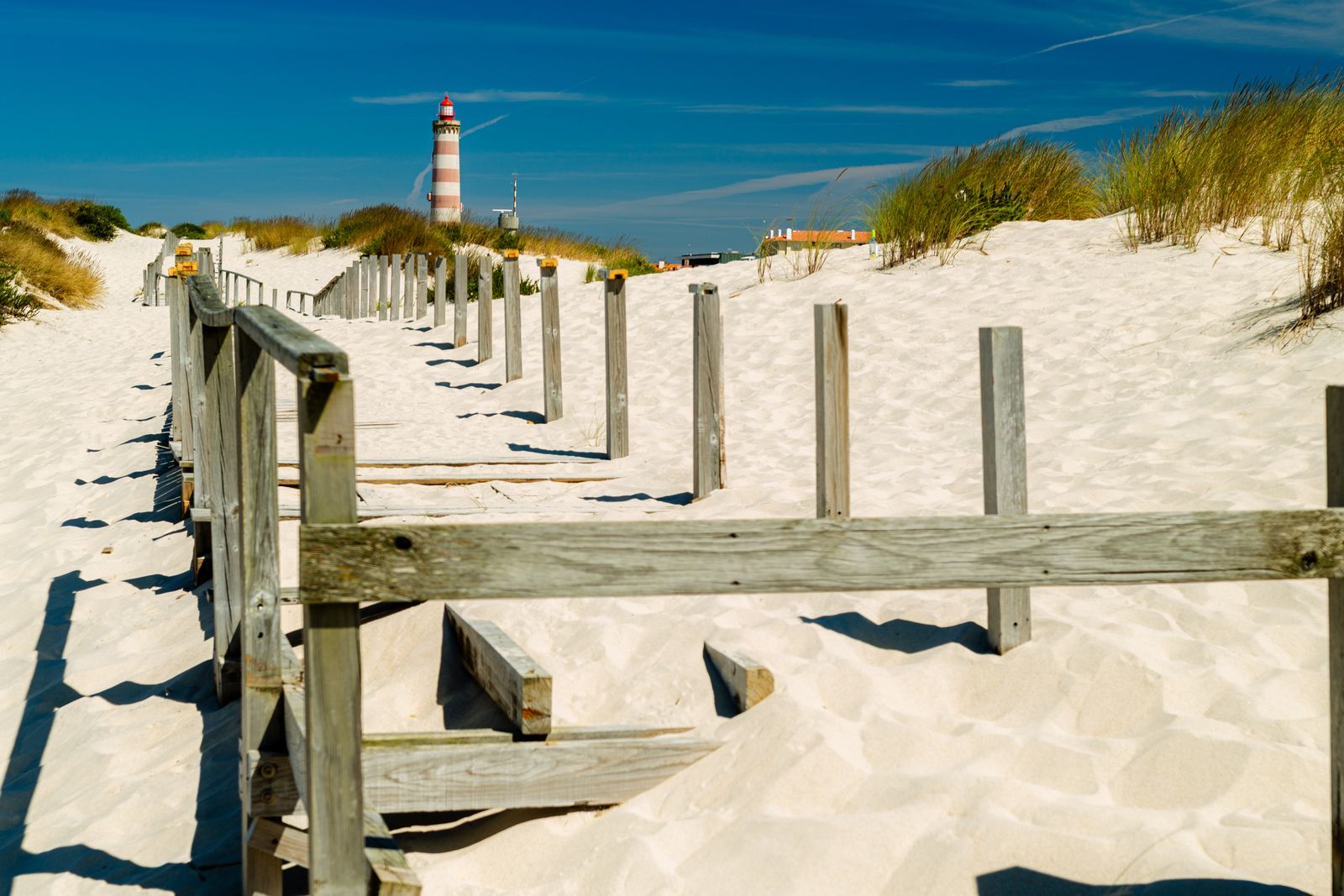 A wooden boardwalk across sandy dunes toward a lighthouse on Portugal's Atlantic coast