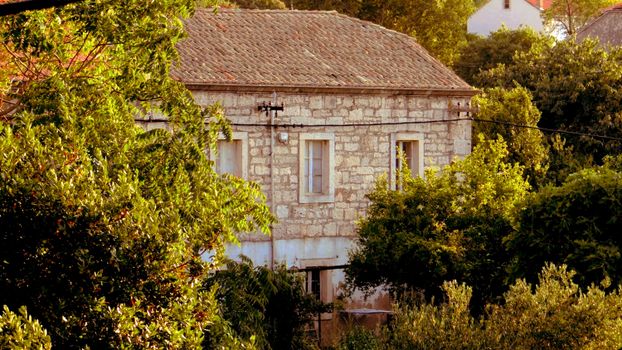 Beautiful stone house in Lumbarda surrounded by lush greenery under warm summer light.