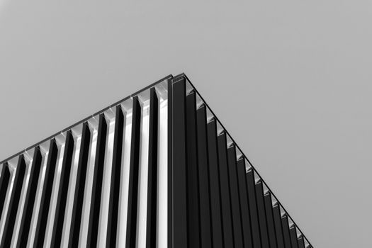A monochrome photo capturing the minimalist design of a modern architectural corner.
