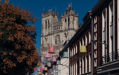 La cathédrale d'Amiens encadrée par une rue décorée, mettant en valeur des lampes colorées et des arbres d'automne.