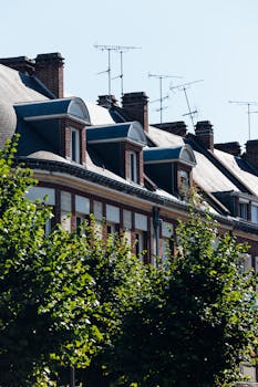 Beautiful traditional rooftops and trees in Amiens, France, during a sunny day.