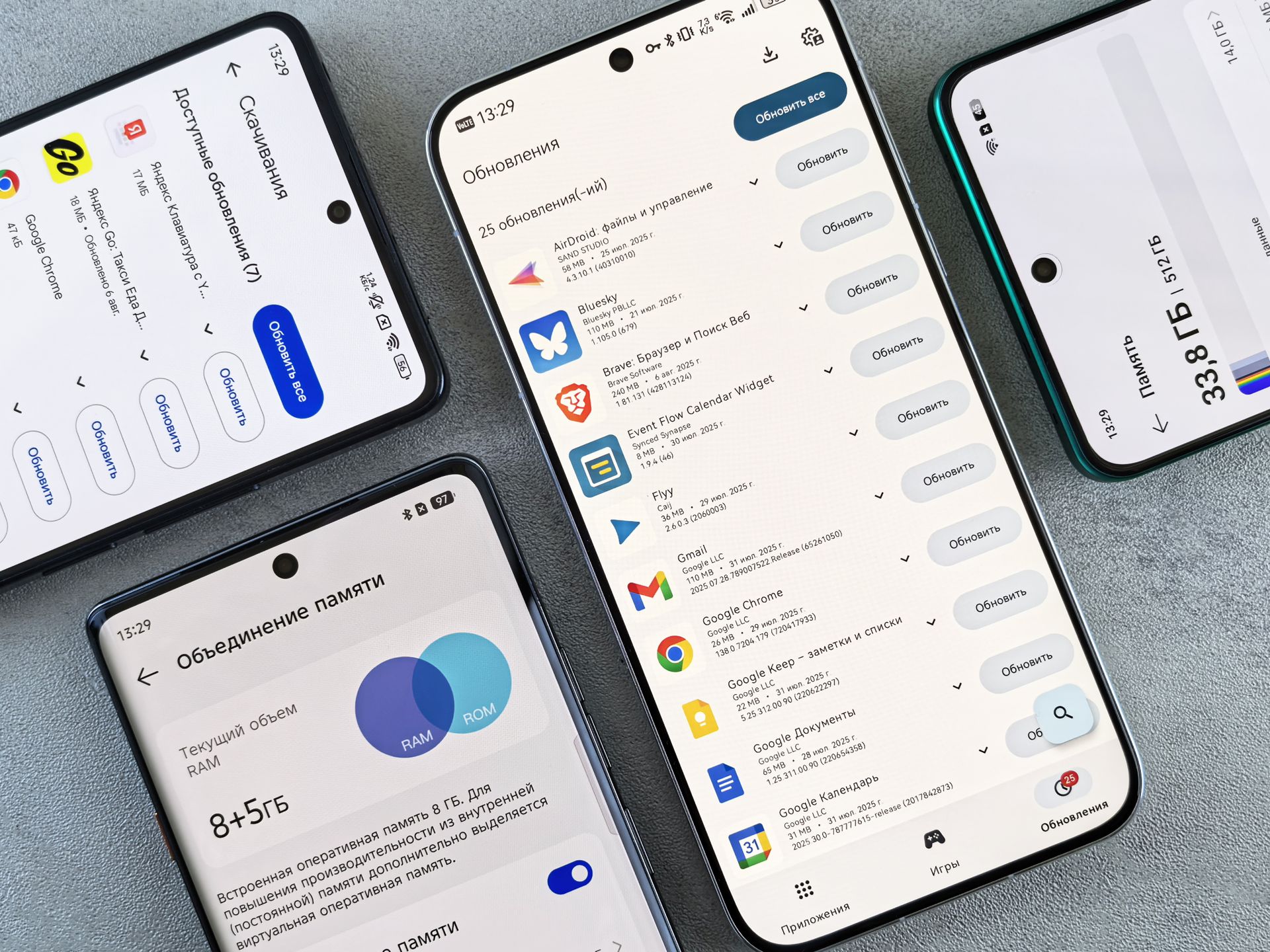 Top view of various smartphones showcasing app update screens indoors.