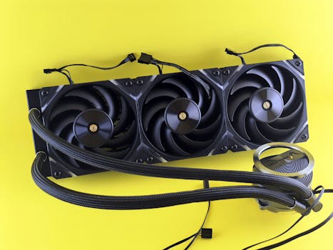 Three high-performance cooling fans with tubes displayed on a vibrant yellow background, highlighting advanced PC hardware.