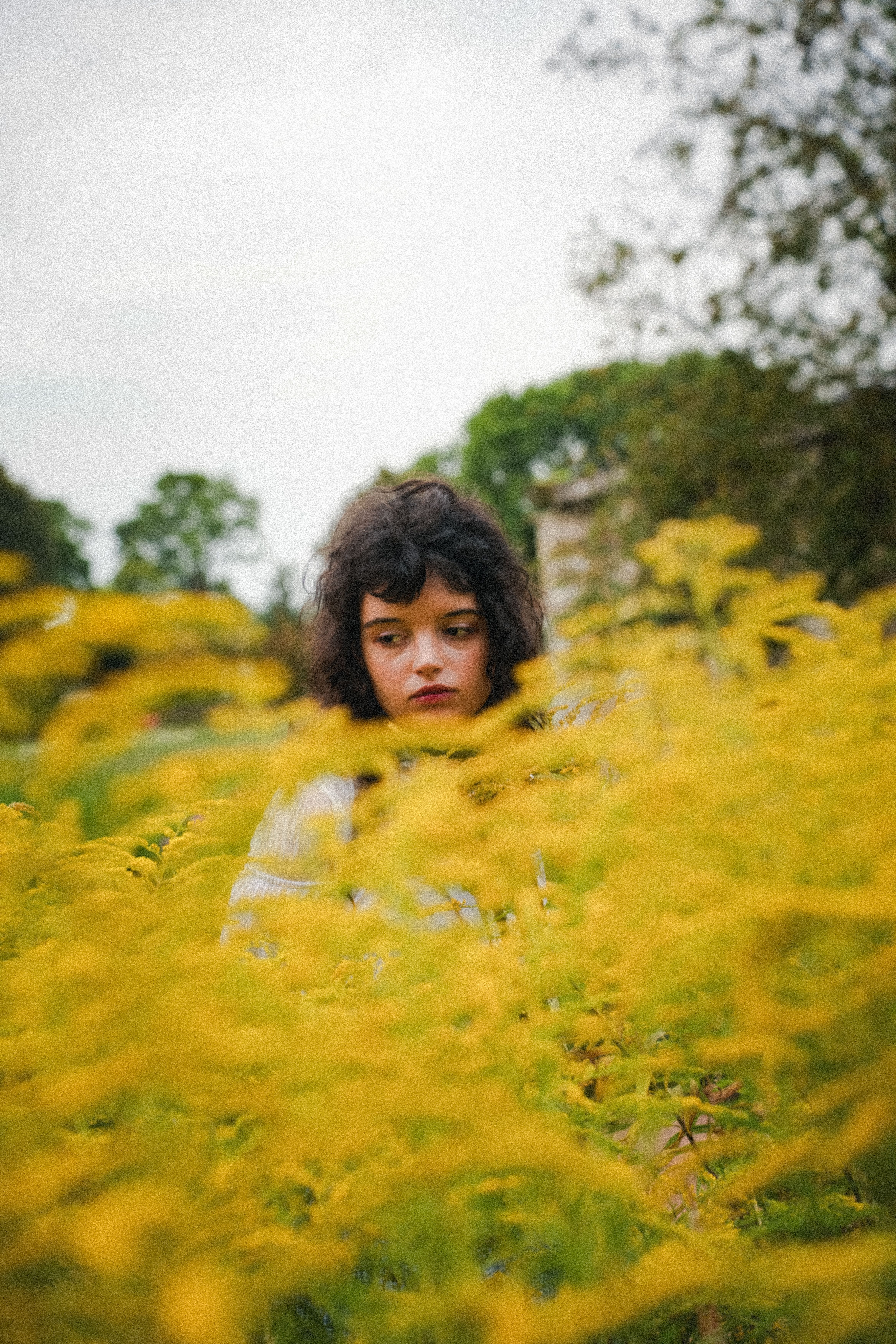 A thoughtful woman surrounded by vibrant yellow flowers in a park in Düsseldorf.
