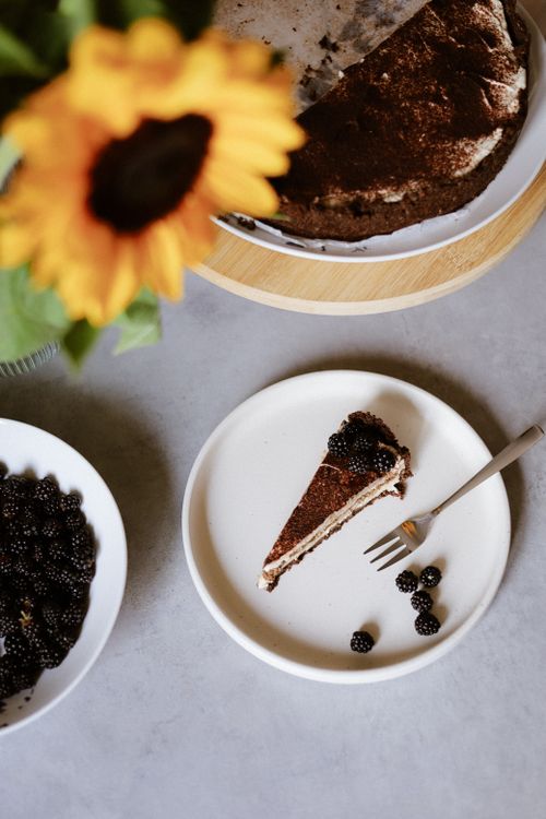 Free Tiramisu slice with blackberries on a plate, featuring a vibrant sunflower in the foreground. Stock Photo