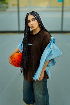 A fashionable young woman with long hair poses confidently holding a basketball outside.