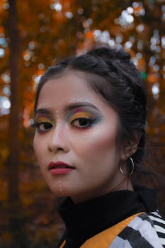 Portrait of a woman with vibrant makeup and face art in a forest setting, showcasing autumn colors.