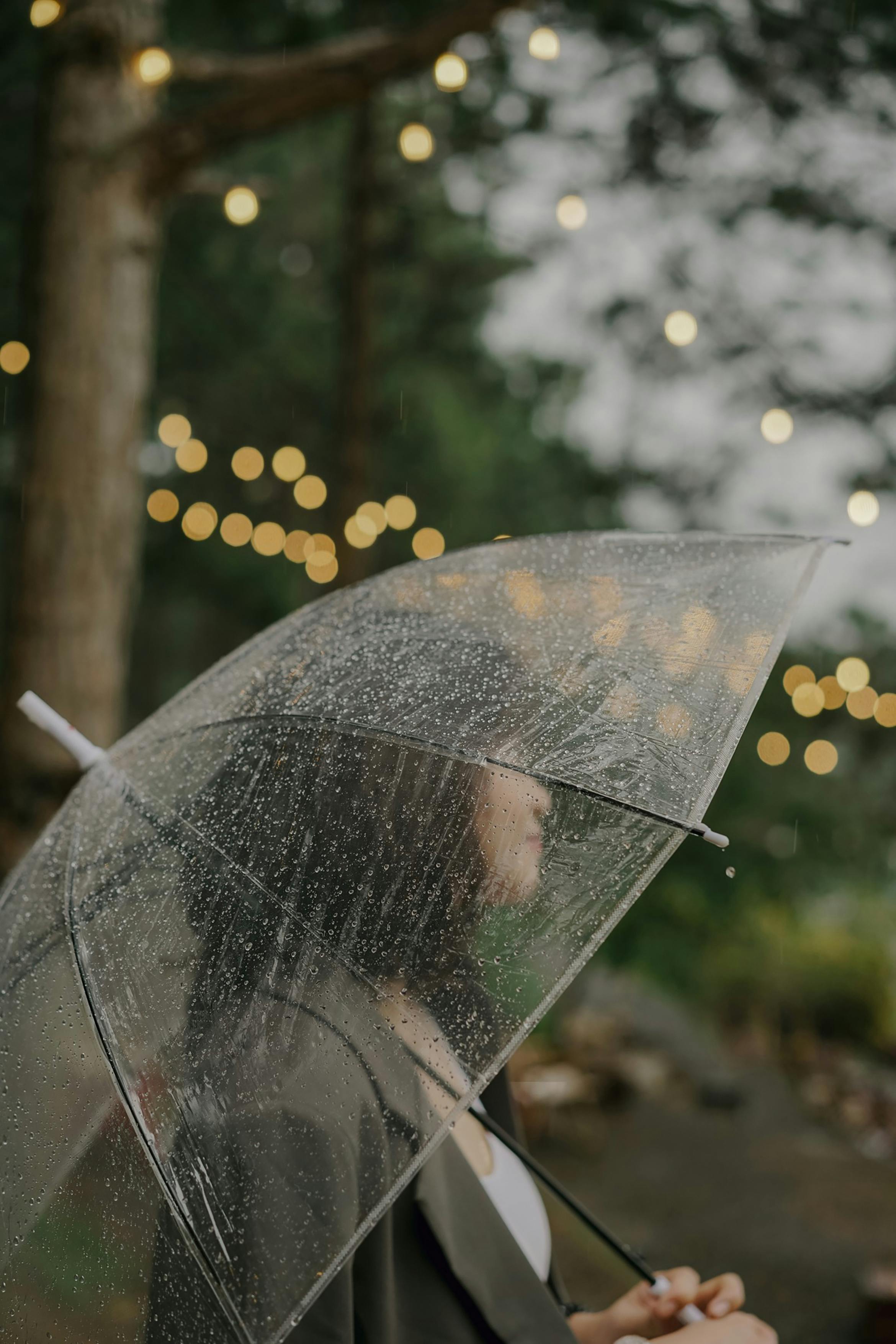 A woman holding a clear umbrella on a rainy day in Đà Lạt, with bokeh lights in the background.