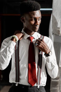 一位非洲裔美国人穿着白色衬衫、红色领带和吊带，自信地摆着姿势，风格十足