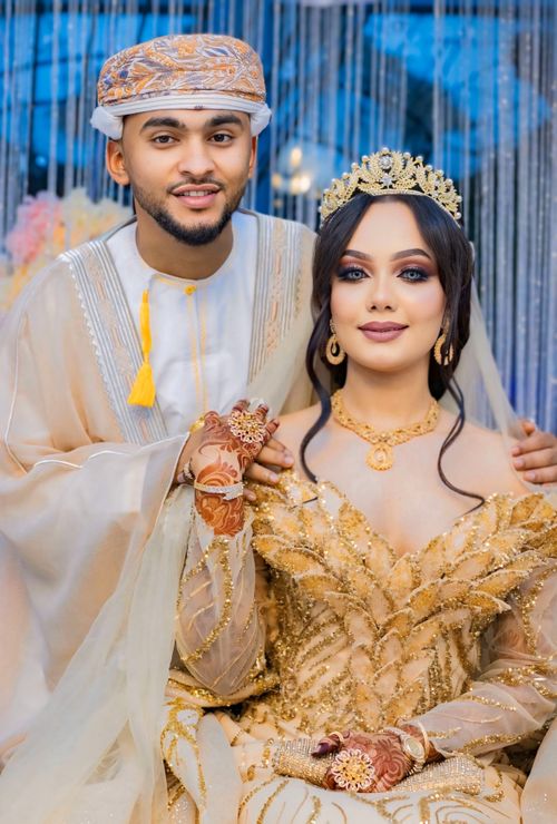Free Beautiful Middle Eastern couple in traditional wedding attire, showcasing cultural elegance and joy. Stock Photo