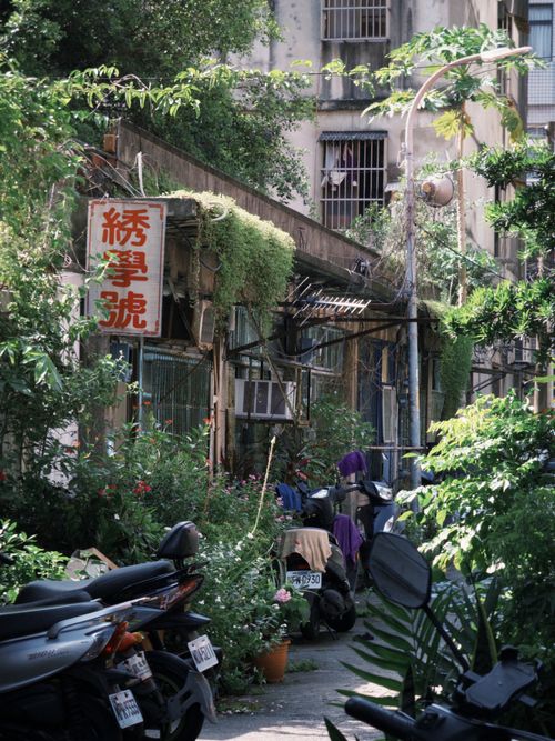 Free Charming alley with lush greenery, motorbikes, and a vintage sign, exuding a vibrant and nostalgic atmosphere. Stock Photo
