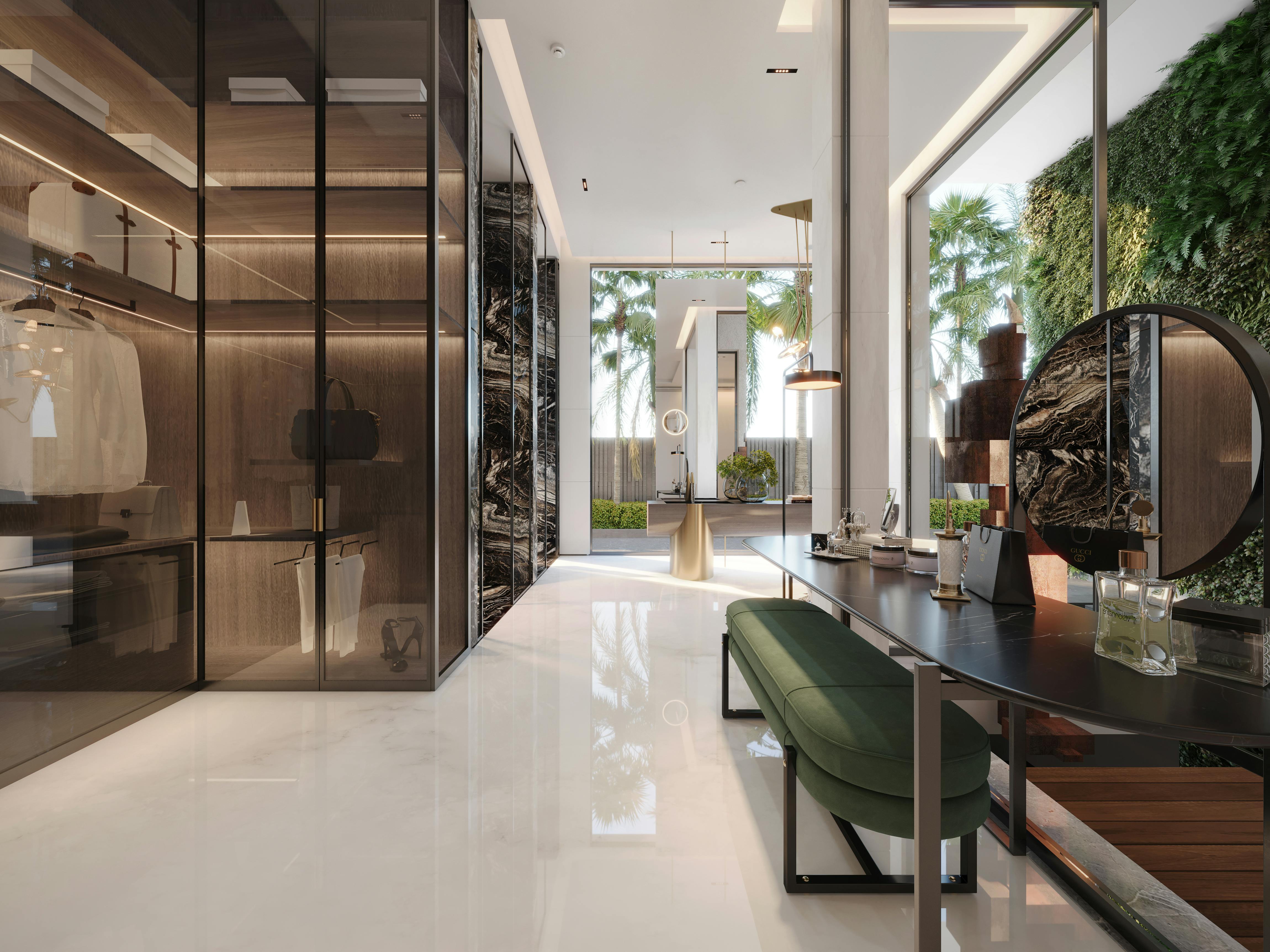 A sophisticated and minimalist luxury home office with a sleek wooden desk and black chair.