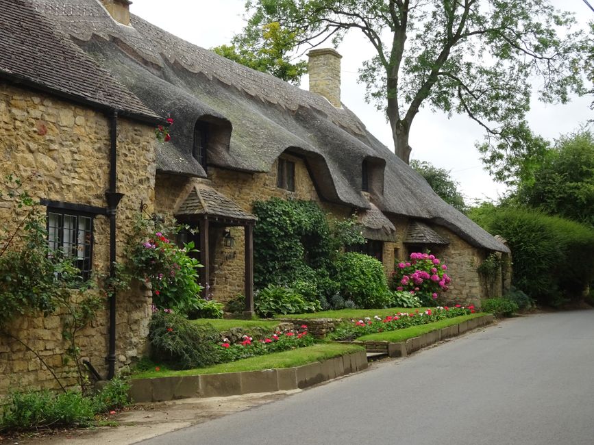 Picturesque English thatched-roof cottage surrounded by lush garden in summer.