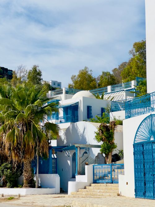 Free Mediterranean-style blue and white buildings with palm trees under a clear sky. Stock Photo