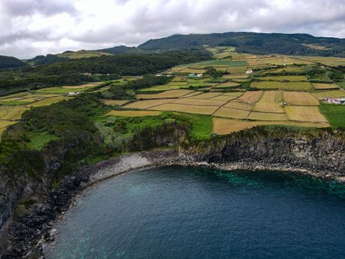 Free A breathtaking aerial view of coastal farmland with cliffs and ocean in lush greenery. Stock Photo