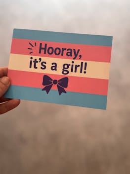 A cheerful birth announcement card saying 'Hooray, it's a girl!' with transgender flag colors.