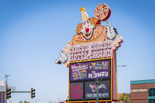 Bright daytime view of the famous Circus Circus Hotel and Casino sign on the Las Vegas Strip.