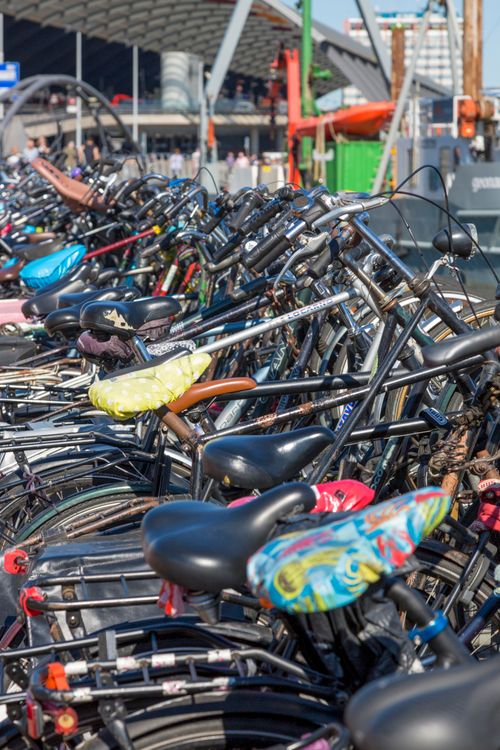 Free A crowded bicycle parking area in a European city on a sunny day. Stock Photo